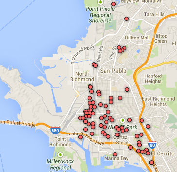 A map showing all of the unsolved homicides in Richmond since 2009. There have been 127 homicides in the city over the past five years, and in only 32 cases has a suspect been arrested and charged (Data from Richmond Police Department)